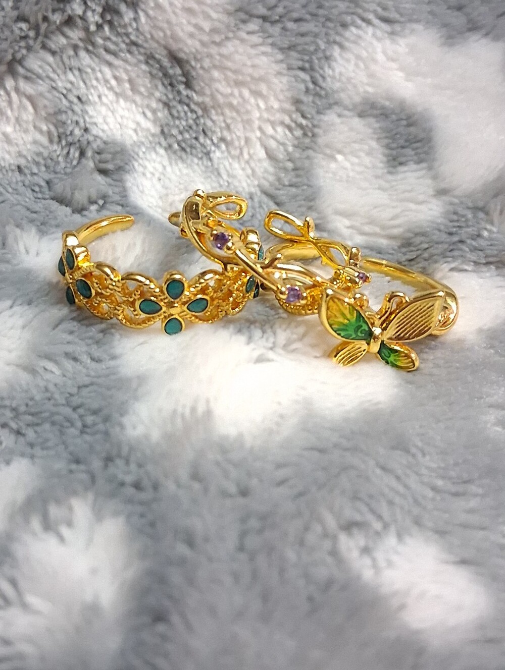 Gold Plated Butterfly & Florals Women's Adjustable Ring Bundle